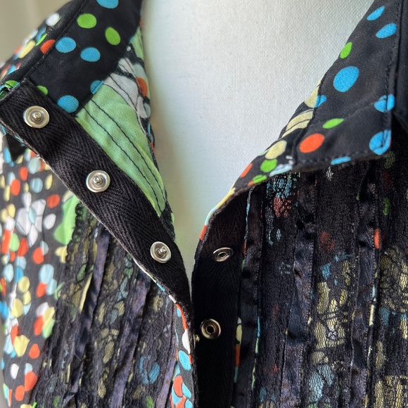 Women’s Blouse Colorful Polka Dot & Floral Print with Lace & Ribbon Accent - Picture 8 of 10